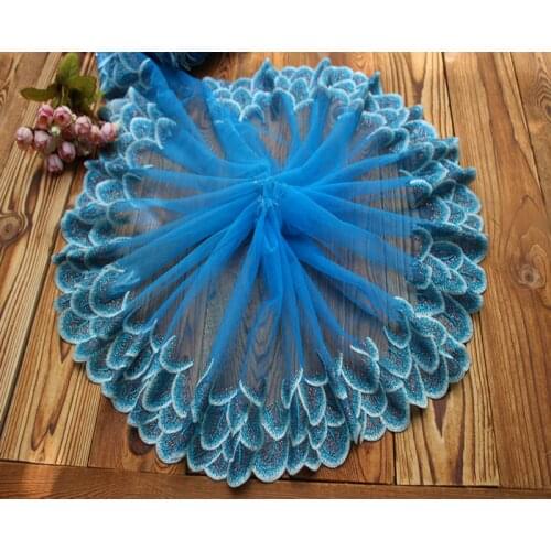 23cm or 9" wide (3yards/lot) DIY Craft Accessories Embroidered Tulle Lace Trim in Blue+Silver