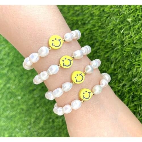 5Pcs Yellow Happy face freshwater pearls beaded smiley bracelet summer jewelry gift for her
