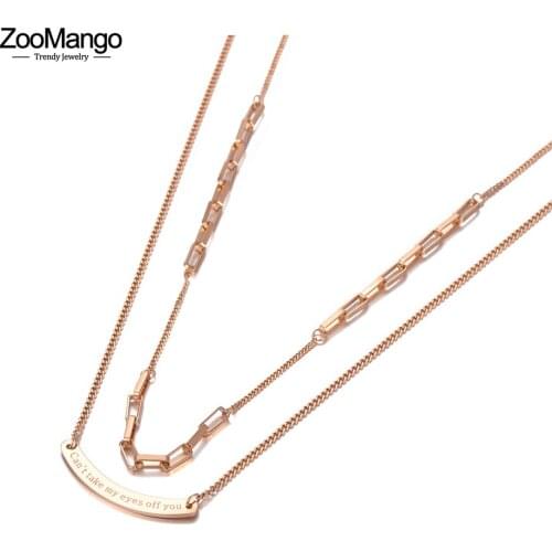 ZooMango Bohemia Design Double Layer Curved Pendant Necklaces For Women Stainless Steel CZ Crystal Chain Choker Necklace ZN20150