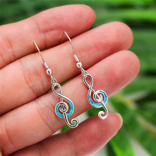 Classic Hollow Music Note Dangle Earrings Cute Female White Blue Opal Drop Earrings Boho Silver Color Wedding Earrings For Women