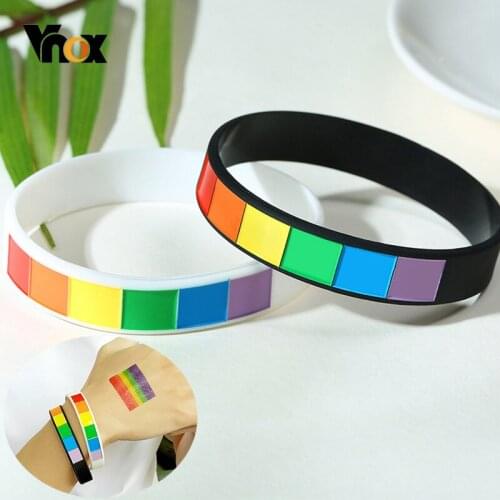 Vnox Fashion Rainbow Color Silicone Couple Bracelets for Women Men Casual Elastic Rubber Wristband Parade Gifts Accessories