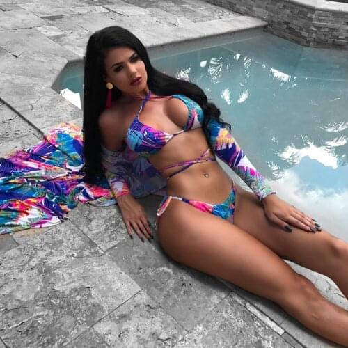 Occident Fashion Females Swimsuit Floral And Leaf Print Bikini Three-piece Multi-color Sets