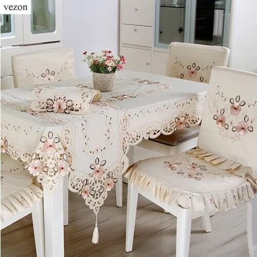 Vezon New Hot Elegant Polyester Satin Embroidery Floral Tablecloths Handmade Embroidered Flower Table Cloth Cover Overlays
