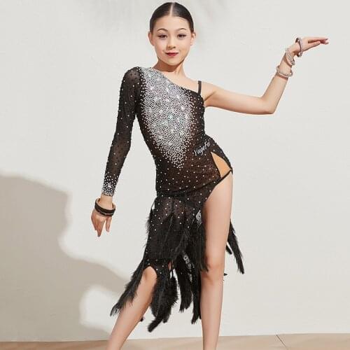 Latin Dance Competition Dress Girls Black Feather Diamond Professional Performance Clothing Cha Cha Samba Stage Wear DNV13360