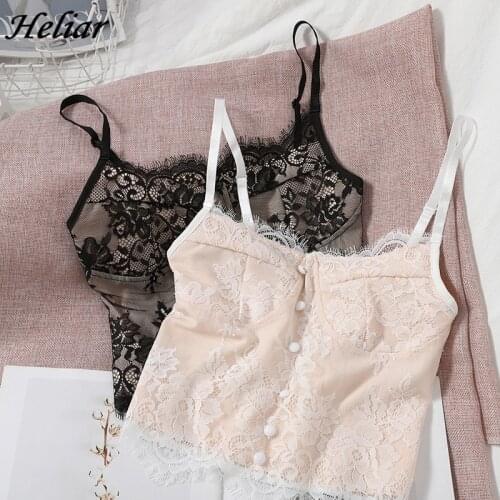 HELIAR Camis For Women Camisole Sexy Button Female Black Vintage Crop Tops Lace Backless Tank Top Cute Vest French Chic Clothes