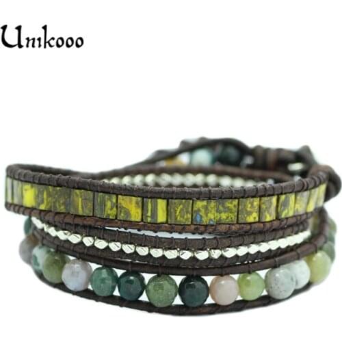 Triple Leather Wrap Bracelet for Women Fancy Natural Stone Bracelet Multilayer Czech Glass Beads Brazalete Mujer