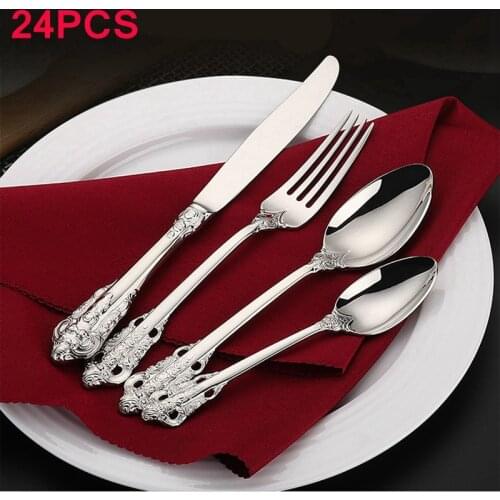 Vintage Western Gold Plated Cutlery 24pcs Dining Knives Forks Teaspoons Set Golden Luxury Dinnerware Engraving Tableware Set