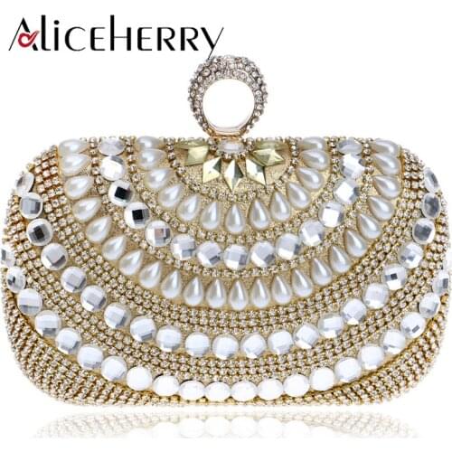 Woman Fashion Luxury Bridal Evening Clutches bag Diamonds Pearl Ring Finger Handbag Famous Designer Tote Bags