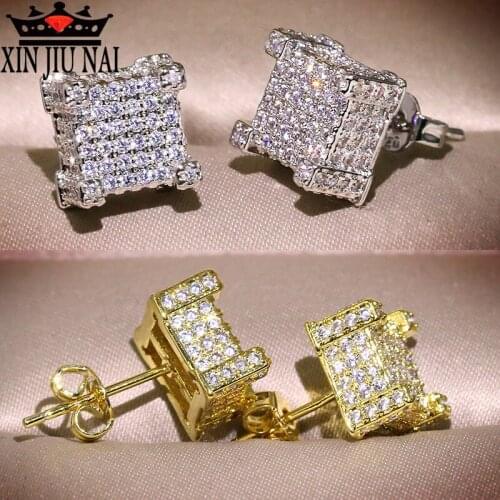 Silver 925 Ear Studs Hip Hop Studs Women 14K Gold Plated Square Zircon Full Diamond Earrings Women Men Fashion Luxury Gold Bling