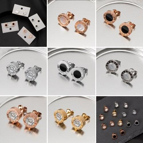 2021 New Trend Stainless Steel Stud Fashion Earrings For Women Black White Gem Statement Round Small Crystal Earrings Jewelry