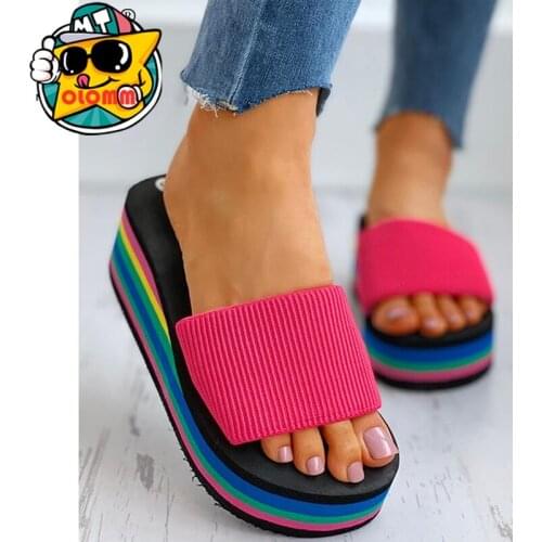 Hot Sale 2020 Womans Summer Mid Heel Slippers Outdoor Beach Shoes Platform Sandals Fashion Multicolor Plus Size 40