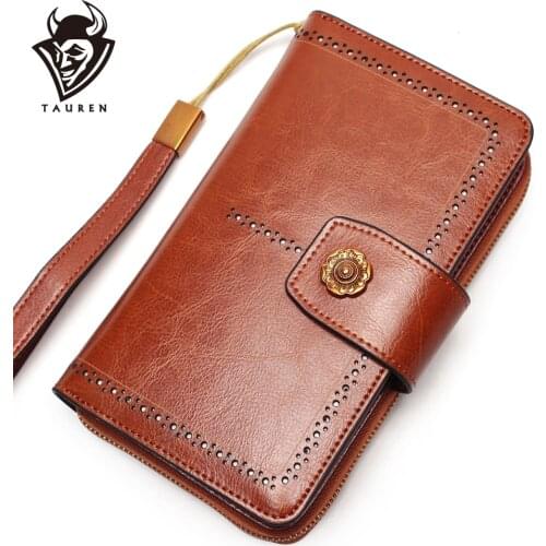 Women Wallet Genuine Leather Business Clutch Bag Detachable Wristband Wallet Slidable Phone Clip Design Multi-Function Bag