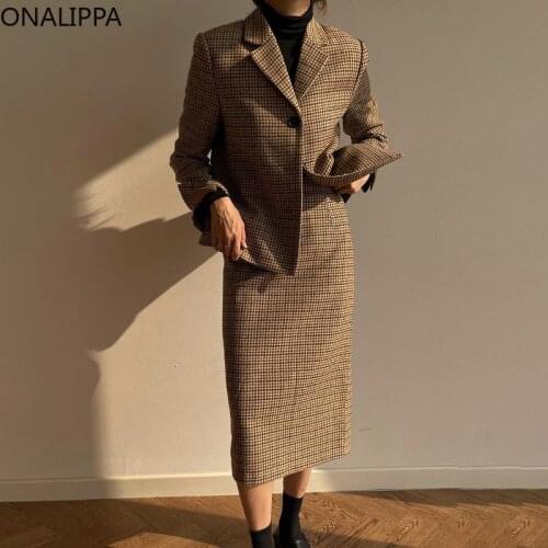 ONALIPPA French Vintage Temperament Sets Female 2021 Lapel Houndstooth Loose Suit Woolen Jacket High Waist Straight Split Skirt