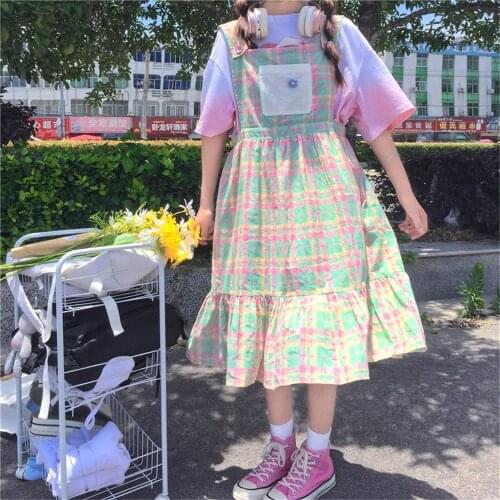 Japanese Sweet Princess Strap Dress Lolita Style Cute Soft Girl Plaid flower Dresses Summer Women Square Collar Party Dress