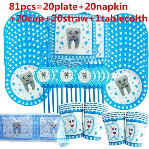 1set Kids First Tooth Party Disposable Tableware Baby Boy Teeth Pattern Paper Cup Plates Napkins Theme Party Supplies Decoration