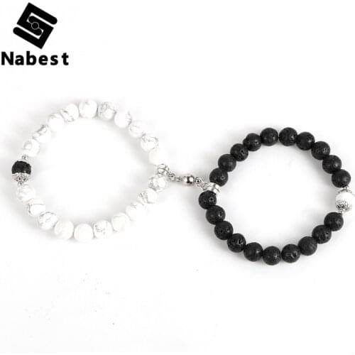 2pcs/set Men Women Natural Stone Couples Bracelet 8mm Lava Rock White Turquoises Beaded Magnetic Buckle Charm Bangle Jewelry