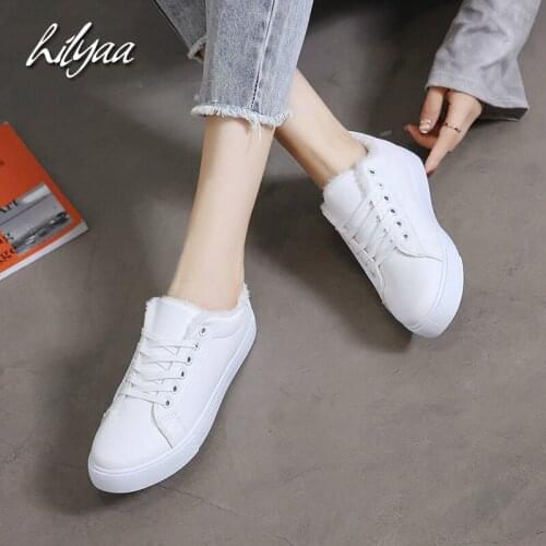 2019 winter New white women shoes sneakers Plus velvet PU Leather solid color female White flats lace-up Plush female shoes