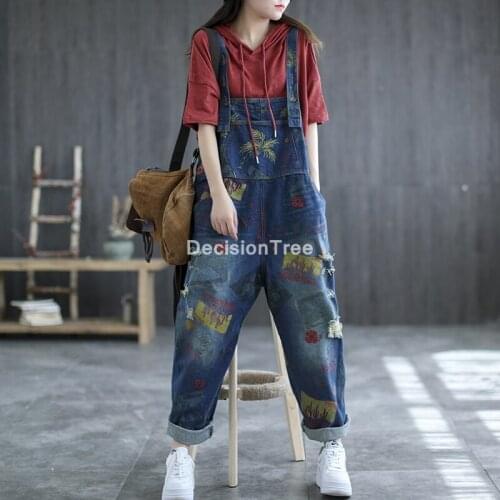 2021 vintage printed holes ripped jean jumpsuit wide legs bib overalls for women drop crotch denim rompers pantalon palazzo