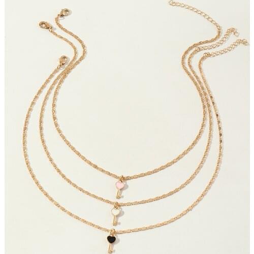 3pcs/set Bohemian Pink White Black Key Shape Pendant Necklace Women Simple Personality Daily Jewelry Birthday Gift