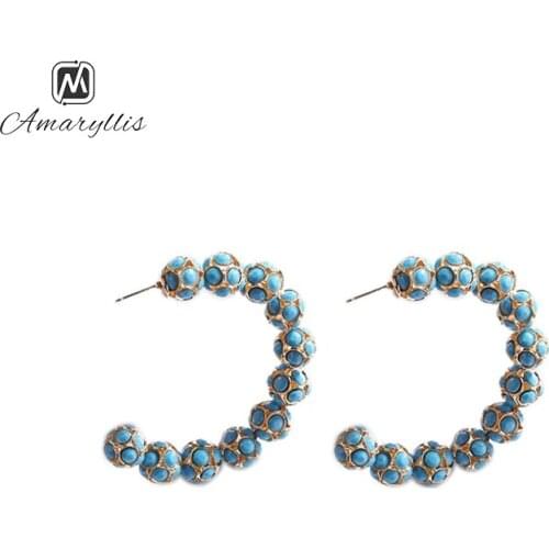 Amaiyllis Large Hollow C Hoop Earrings For Women Bohemia Ball Beads Statement Earrings Bohemia Geometric Hollow Circle Earrings