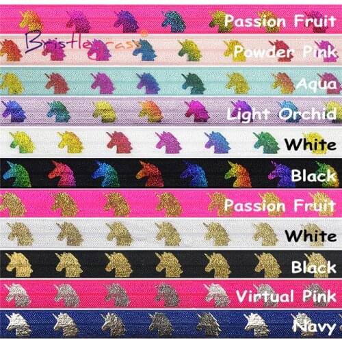 BRISTLEGRASS Combo 11 Yard 5/8" 15mm Rainbow Unicorn Gold Foil Print Foldover Elastic FOE Spandex Band Tape Hair Tie Sewing Trim