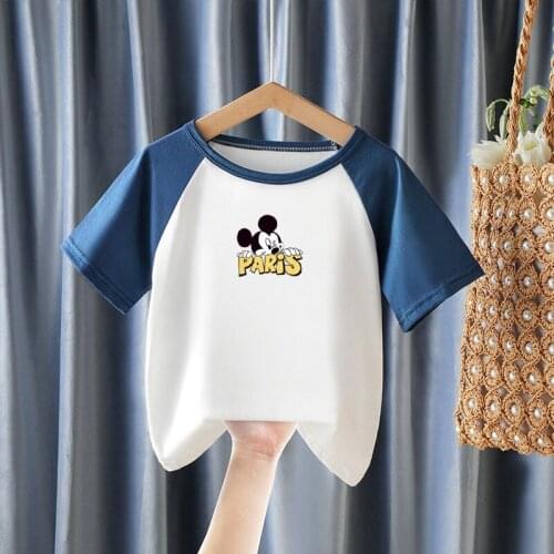 Childrens Spliced Contrast Color Cotton T-shirt Boys And Girls Cartoon Short Sleeve Tops Summer Thin Print Mickey Tshirts