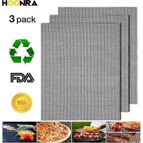 HOONRA 3Pcs Hot Non-stick BBQ Mesh Mat Grid Shape Barbecue Baking Mat Reusable Cooking Smoker BBQ Mat Heat-resistant Picnic Tool