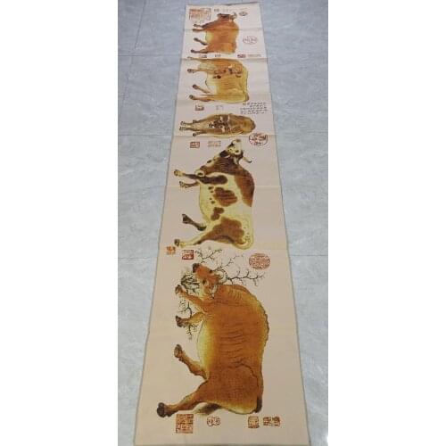 3M Super size Chinese Folk Silk Embroidery Five oxen Thangka Tangka Painting Mural