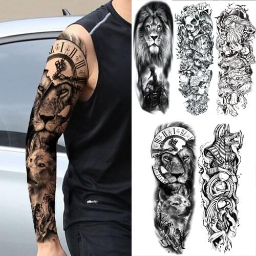 Compass Lion Full Sleeve Temporary Tattoos For Men Adult Lion Warrior Skull Wolf Fake Tattoo Sticker Body Art Tattoo Stickers