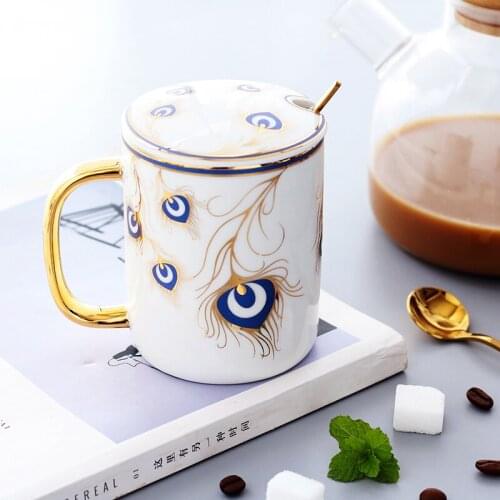 Creative ceramic water mug porcelain coffee cup flower tea cup coffee mug fashion office water cup with cover spoon