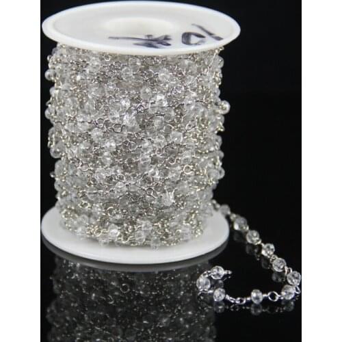 Tiny Rosary Style Beading Chains,Clear White Glass Faceted Rondelle Beads Chain Bulk,Plated Silver Wire Wrapped Link Necklace
