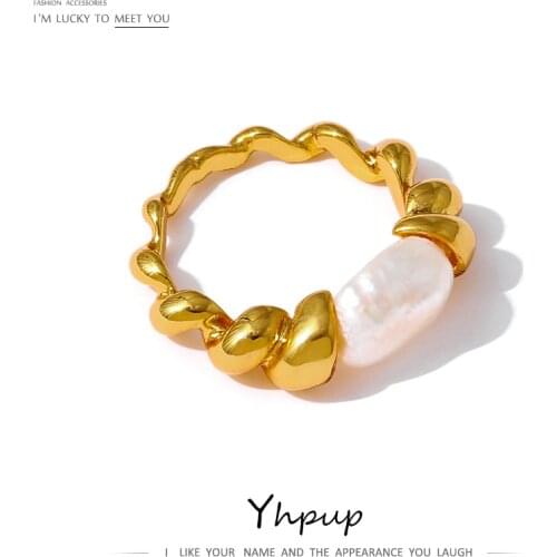 Yhpup Fashion Natural Pearl Ring for Women Statement 18 K PVD Plated Metal Texture Copper Women Ring Anillos Mujer Summer 2021