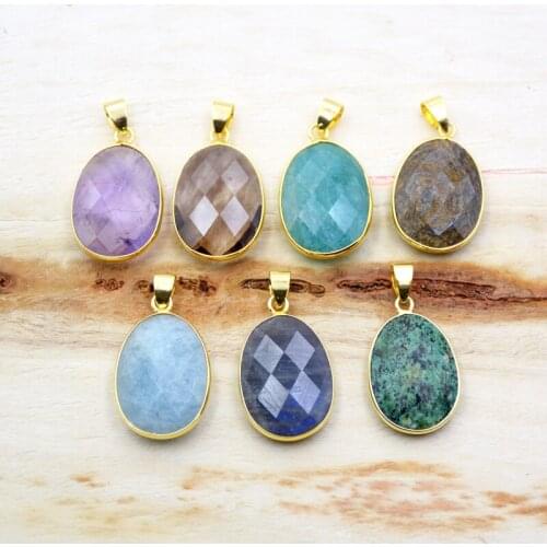 Natural Faceted Gems stone Labradorite Amethysts bronzite Amazonite aquamarines charms Gold-Plated Oval Egg pendant for necklace