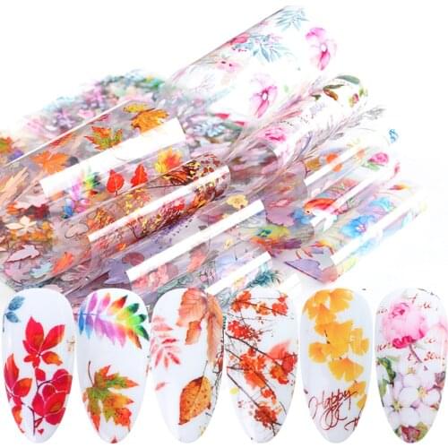 2020New Fall Maple Foil Nail Art Spring Valentine Stickers Nails Flowers Sliders For Nails Decal Manicura Decoracion Tranfer Tip