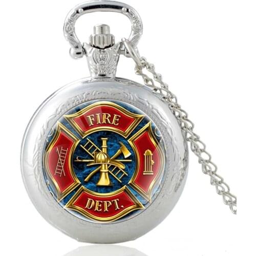 New Arrivals Firemen Fire Dept. Design Glass Cabochon Quartz Pocket Watch Vintage Men Women Pendant Necklace Chain Clock