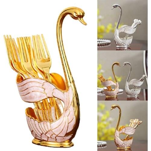 Hot Metal Coffee Dessert Dinnerware Set with 6 Forks/ Spoon Swan Shape Storage Rack for Fruit Stirring Ice Cream Cake Tableware