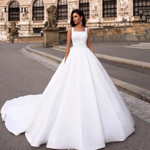 LORIE Simple And Clean Long Wedding Dress Sleeve Satin Bride Dresses Sexy Lace Back Wedding Party Gowns