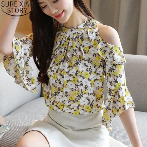 Off-Shoulder Pullover Loose Blouse Summer Flower Women Chiffon OL Short Sleeve Shirt Women Blusas Mujer De Moda 2021 8982 50