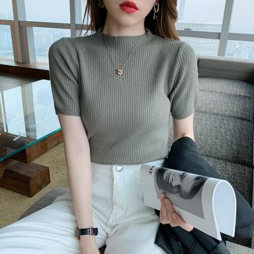 Korean simple round neck pullover sweater women short-sleeved summer slim temperament all-match slim fit