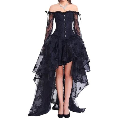 Sexy Black Gothic Dress Long Sleeve Lace Red Bustier Set Steampunk Court Corset Clothing 2020 Women Slim Party Club Palace Dress