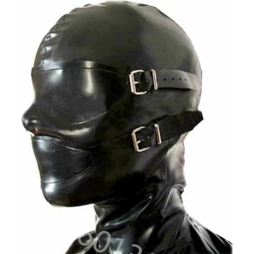 Sexy Black Latex Hood Mask Rubber Full Enclosure with Eyeshade and Gag