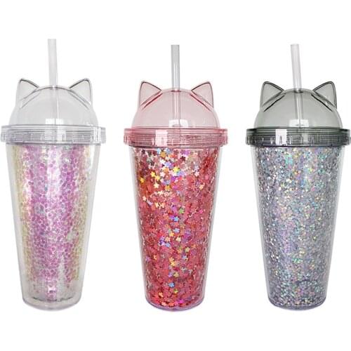 420ML New Cute Cat Ear Flash Film Double Layer Water Cup Creative Plastic Drinking Bottle Straw Cup For School Office