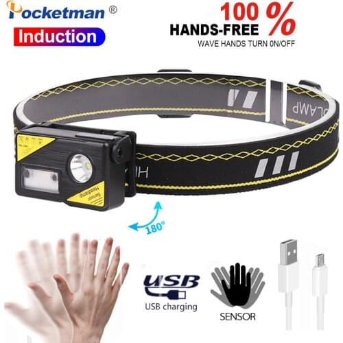 Multifunction sensor LED headlamp portable lamp T6 + COB head lamp body motion sensor headlight reflective headband warnig lamp