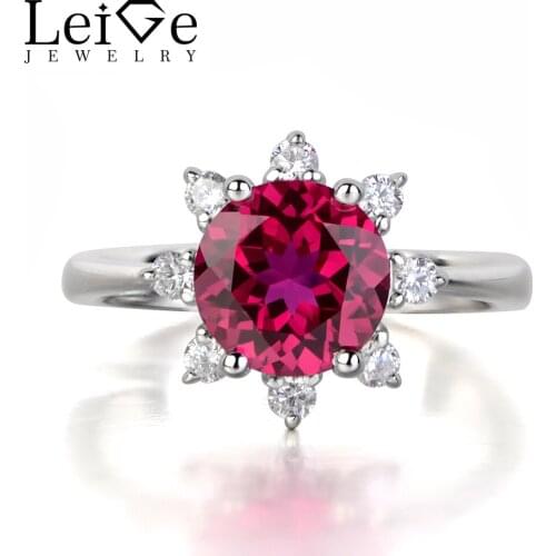 Leige Jewelry Red Ruby Ring Round Cut 925 Sterling Silver Romantic Promise Engagement Rings for Women Sunflowers Fine Jewelry