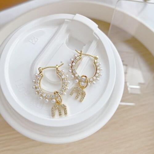 Korea New Fashion Jewelry 14K Gold Plated AAA Zircon Pearl Letter M Pendant hoop Earrings Elegant Womens Wedding Party Earring