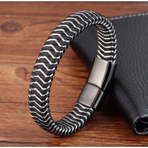 Vintage Black Silver Genuine Leather Bracelet for Men Jewelry Stainless Steel Bangle Magnetic Clasp Braid Trendy Chain For Male