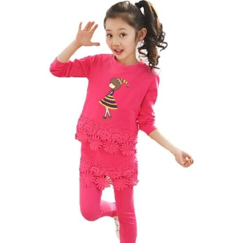 Spring Girls Clothing Set 3-14 Years Cotton Little Girls Lace Long Sleeve Shirt + Pants Baby Kids Suit Children Birthday Present