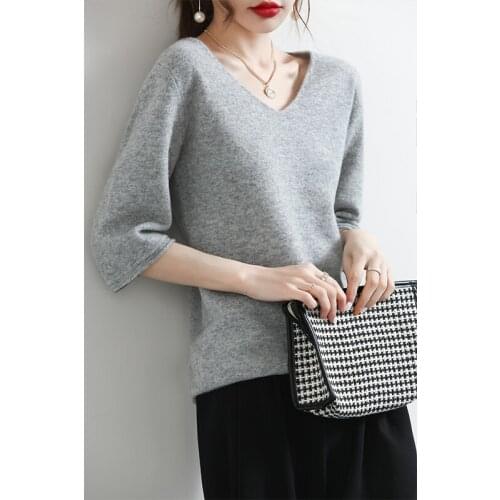Spring and summer 100% wool T-shirt knitwear ladies V-neck pullover five-point sleeve loose casual thin sweater half-sleeved top