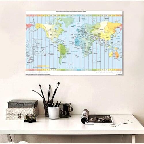 150*100cm The Wold Time Zone Map In French Vintage Non-woven Canvas Painting Wall Art Poster School Supplies Home Decor