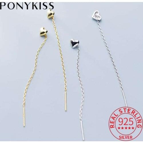 PONYKISS Romantic S925 Sterling Silver Heart Tassel Dangle Drop Earrings Women Party Delicate Elegant Accessory Girl Lovely Gift
